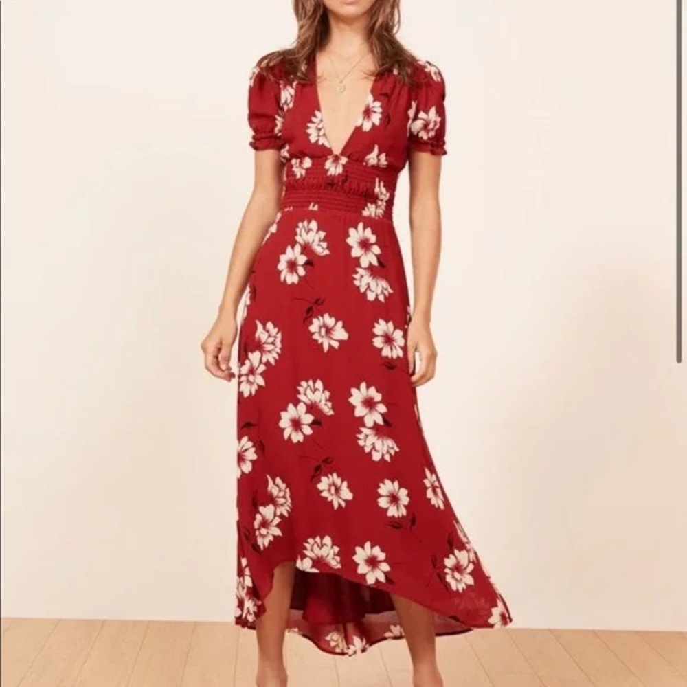 Reformation red floral ruched waist midi dress size M
